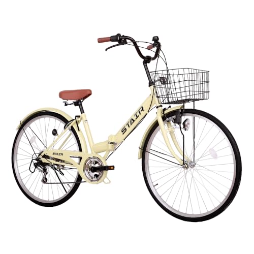 シティサイクル 折りたたみ自転車 26インチ折りたたみシティサイクル シマノ6段変速 自転車 ママチャリ カゴ・ロックリング錠・ダイナモライト付 (アイボリー)